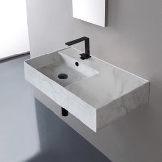 Marble Design Ceramic Wall Mounted or Vessel Sink With Counter Space Scarabeo 5115-F